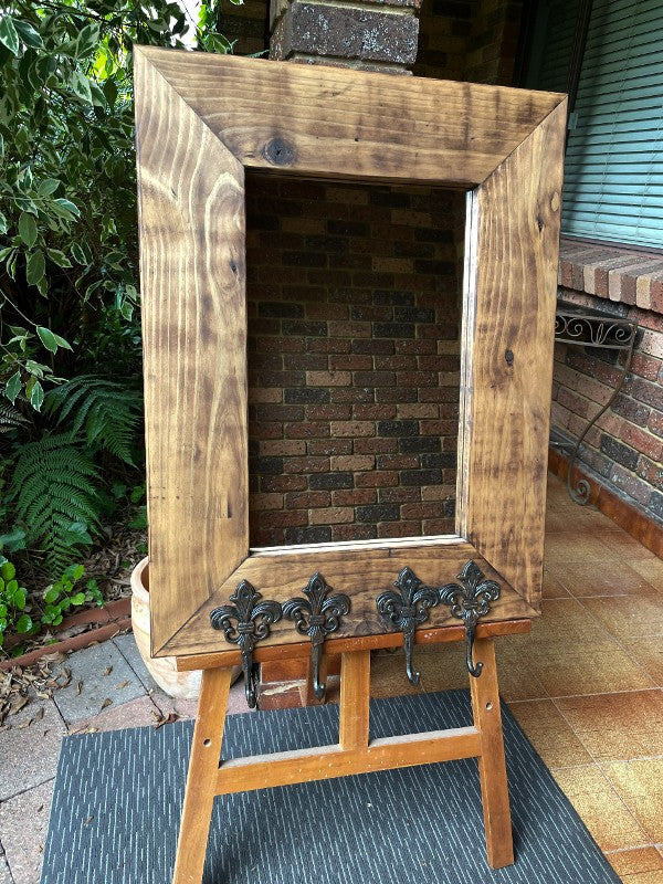 Rustic Chunky Pine Mirror with Hooks