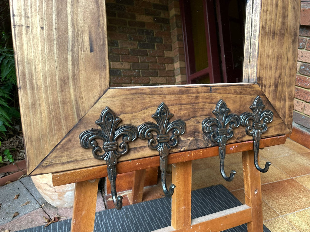 Rustic Chunky Pine Mirror with Hooks